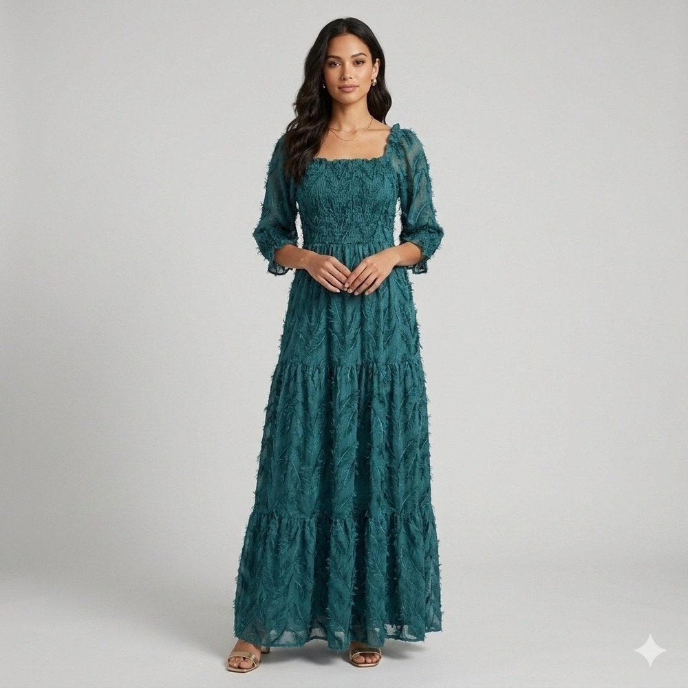 NEW Baltic Born Paloma Smocked Tiered Feather Maxi Dress Emerald Green Medium